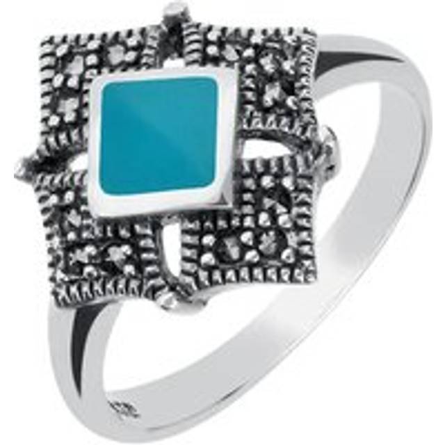 Sterling Silver Turquoise Marcasite Square Ring - Silver