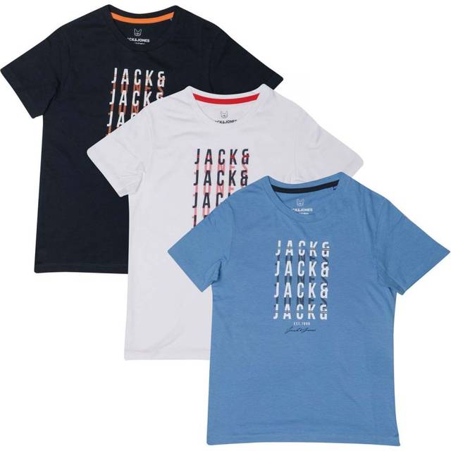 Jack & Jones Boys Boy's and Delvin 3 Pack T-Shirts in Blue , White , Navy - Multicolour Cotton - Size 9-10Y