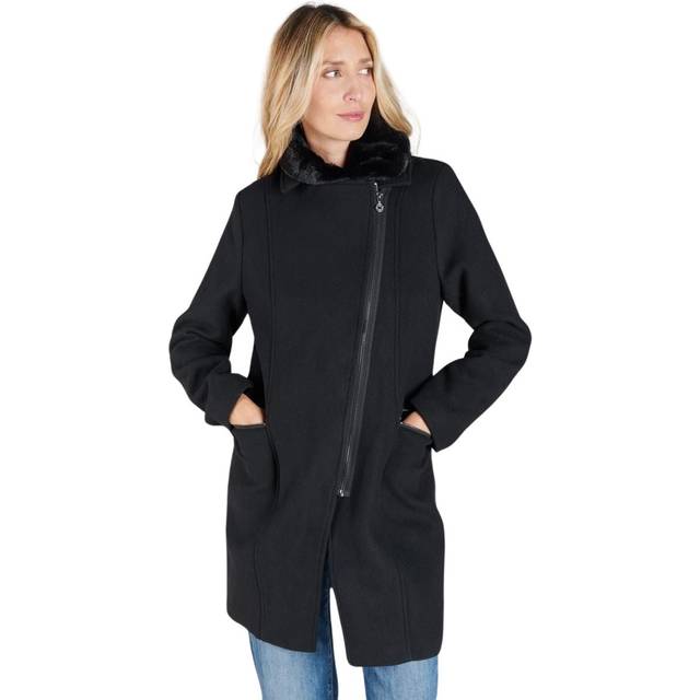 Wool Mix Long Coat with Zip Fastening - Black