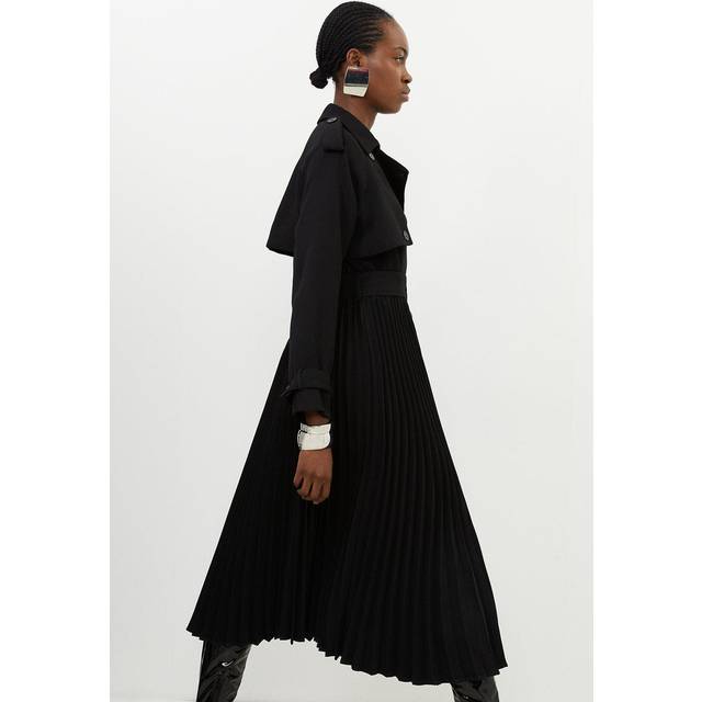 Tailored Pleat Detail Belted Trench Coat - Black