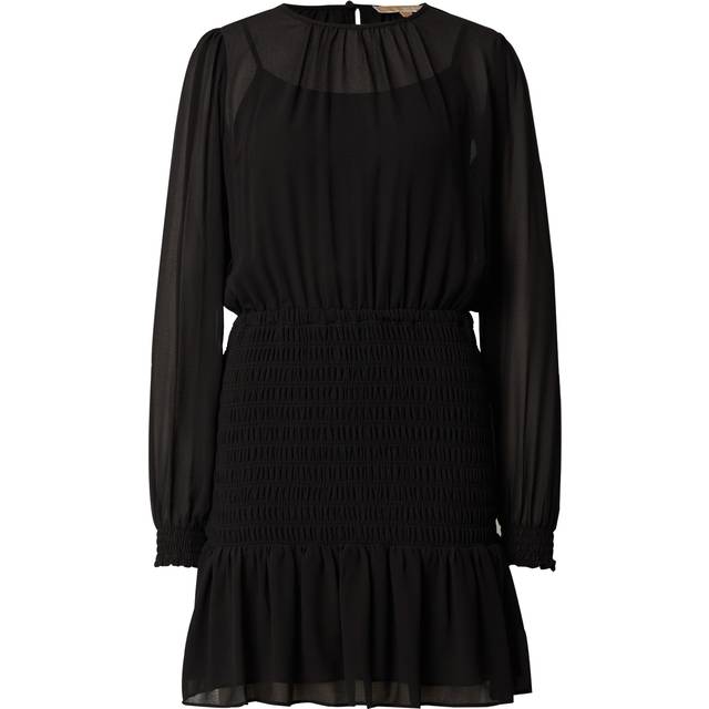 MK Smocked Georgette Long Sleeve Dress - Black - Michael Kors - XS