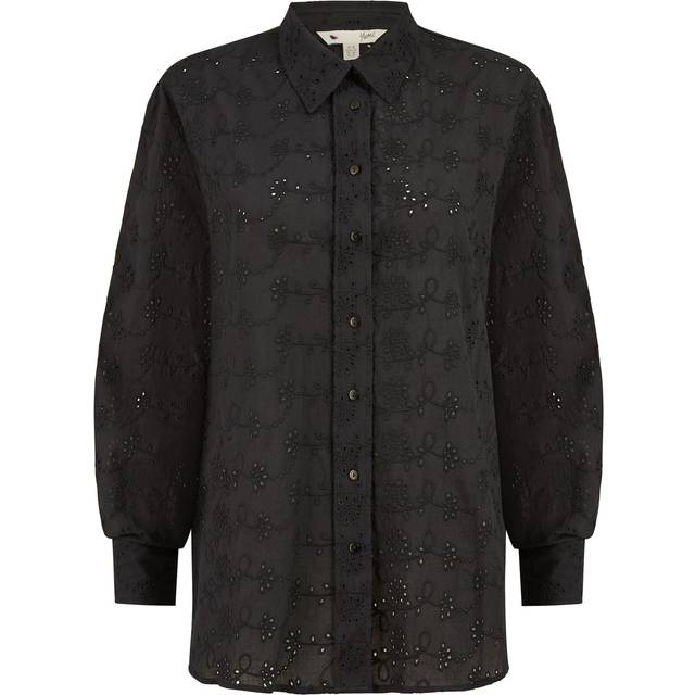 Yumi Womens Black Cotton Broderie Anglaise Relaxed Shirt - Size 8 UK