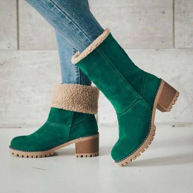 (Green, 3) Women's Suede Snow Boots Heeled Shoes Fur Lined High Top Winter Warmer Anti-Slip
