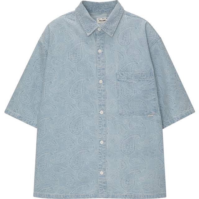 Pull&Bear – Blå, jacquardvävd jeansskjorta