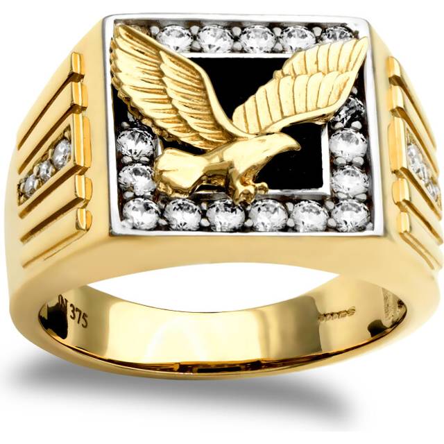 (Y) Jewelco London Men's 9ct Yellow and White Gold Black and White Onyx and Cubic Zirconia Pave Eagle Signet Ring - JRN431