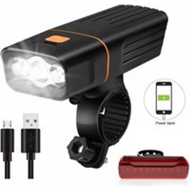 Rechargeable Bike Lights Set Waterproof Bicycle Front and Back Lights With Powerbank - Black - One Size