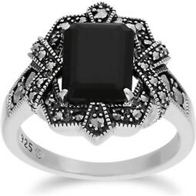 Art Deco Style Baguette Black Onyx & Marcasite Ring in 925 Sterling Silver