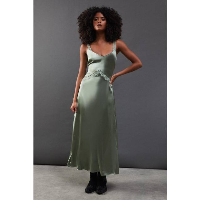 Womens Lace Panelling Satin Midi Dress - Green - 14