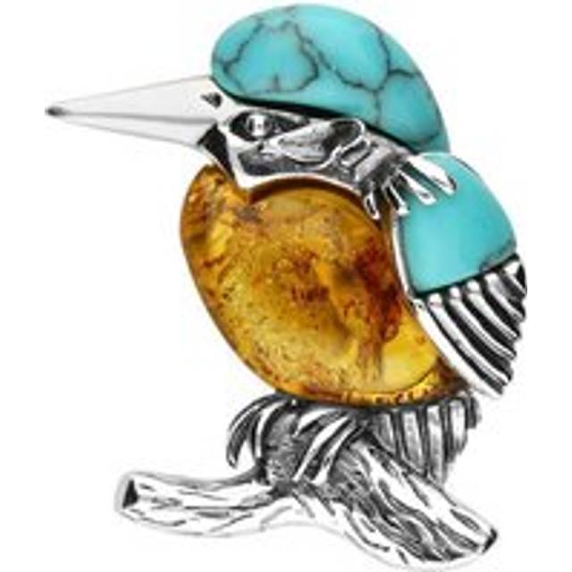 Sterling Silver Amber Turquoise Kingfisher Brooch