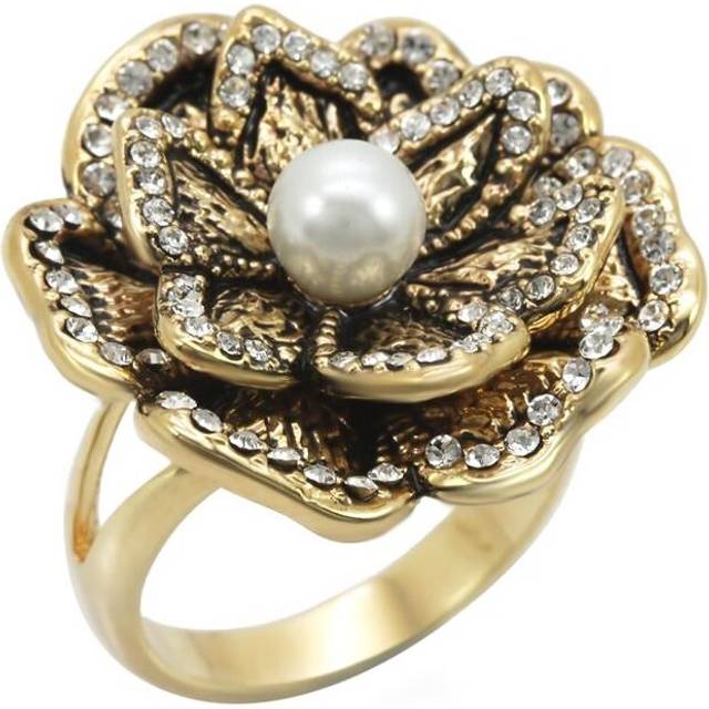 Gold Brass Ring with Synthetic Pearl, Citrine Yellow - Size 7