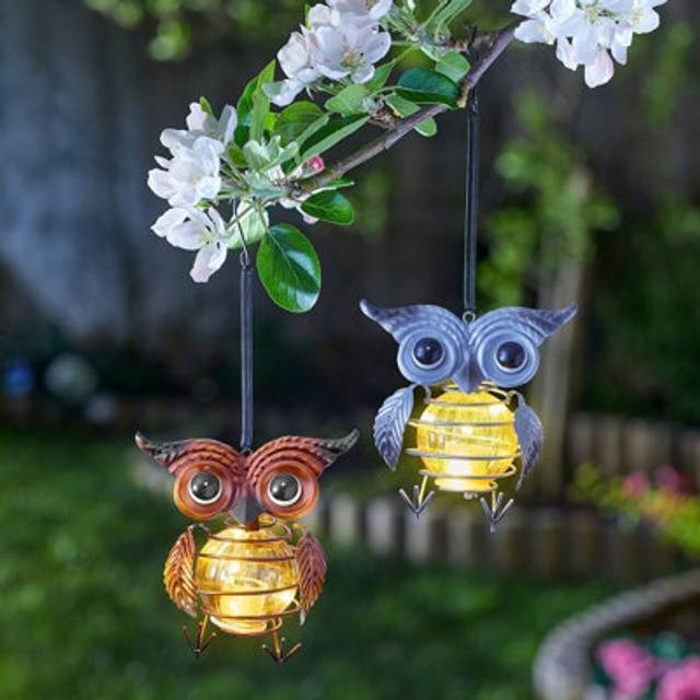 2 x Solar Powered Mini Owl Lights - Outdoor Garden LED Decorations - Multi - One Size