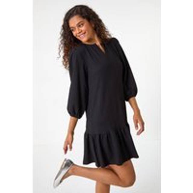 Textured V-Neck Frill Hem Smock Dress - Black - 14