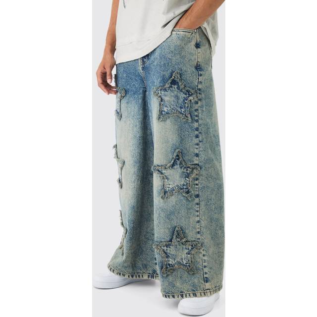 Wide Leg Rigid Star Distressed Applique Jeans - Blue - 28R