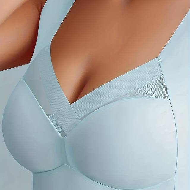 (Light Blue, S) Contrast Mesh Wireless Bra, Comfy & Breathable Push Up Tank Bra, Women's Lingerie & Underwear