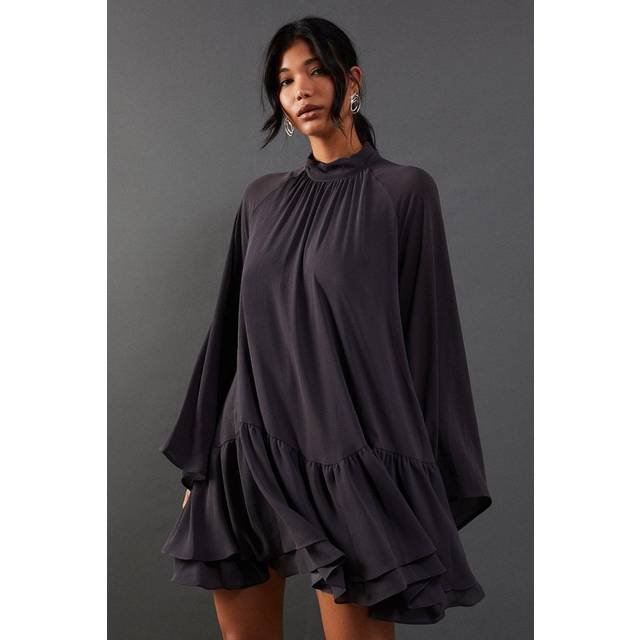 Warehouse Womens Chiffon Drop Hem High Neck Flare Sleeve Mini Swing Dress - Grey - Size 10 UK