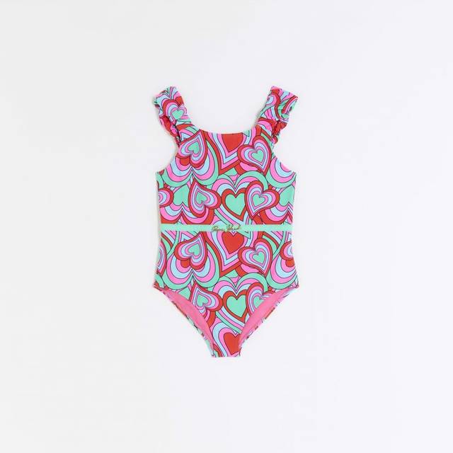 River island girls swimsuit green retro heart print frill swimwear costume