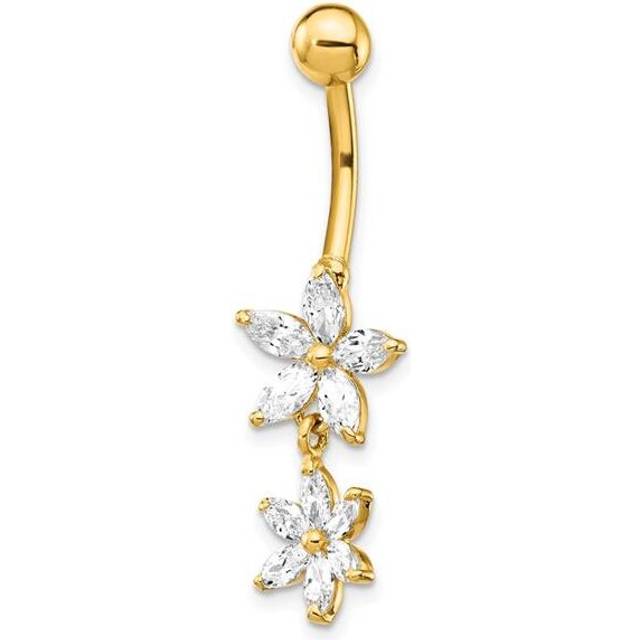 14K Yellow Gold 14 Gauge CZ 2-Flower Dangle Belly Ring