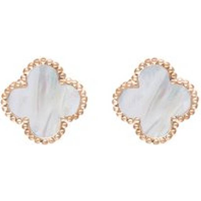 18ct Rose Gold White Mother of Pearl Bloom Four Leaf Clover Ball Edge Stud Earrings