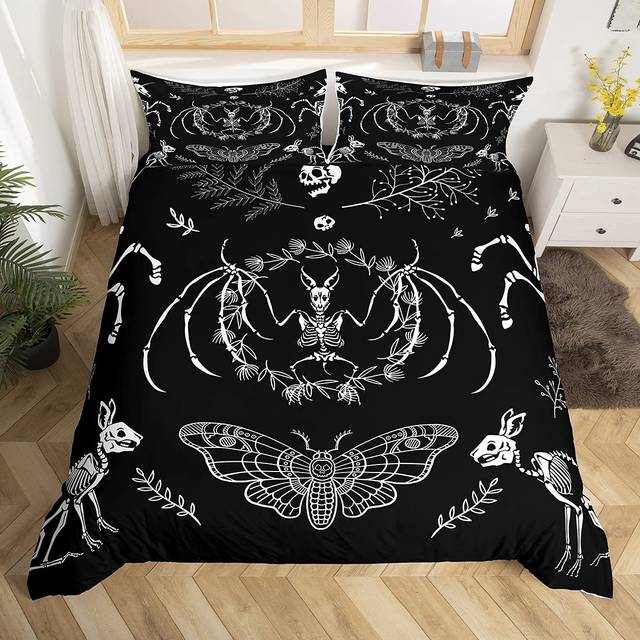 Castle Fairy Moth Duvet Cover Twin Size Gothic Rabbit Animal Skull Bedding Set 2pcs for Kids Teens Halloween Skeleton Black White Comforter Cover Soft
