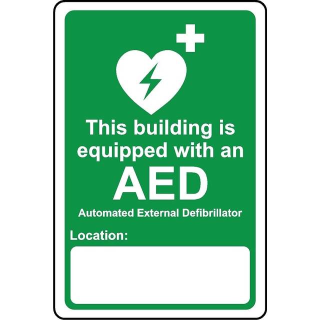 This building is equipped with an AED automated external defibrillator safety sign - 1mm Plastic sign - 300mm x 200mm