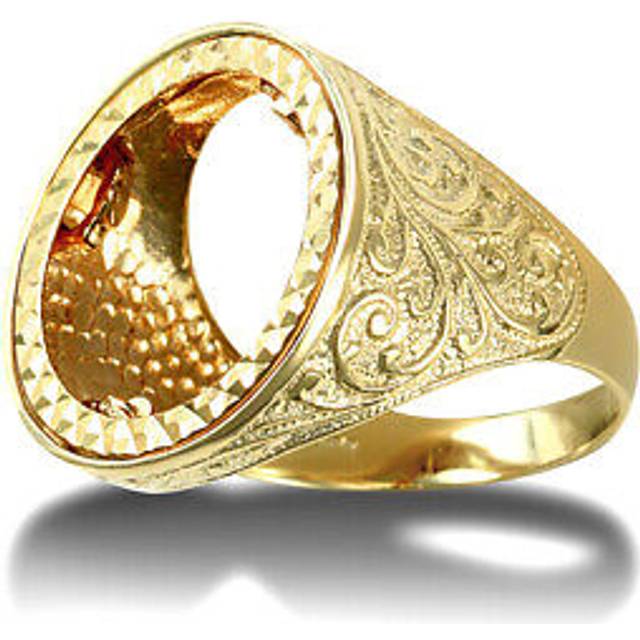 (T) Jewelco London Men's Solid 9ct Yellow Gold Floral Engraved Full Sovereign Mount Ring - JRN185-F