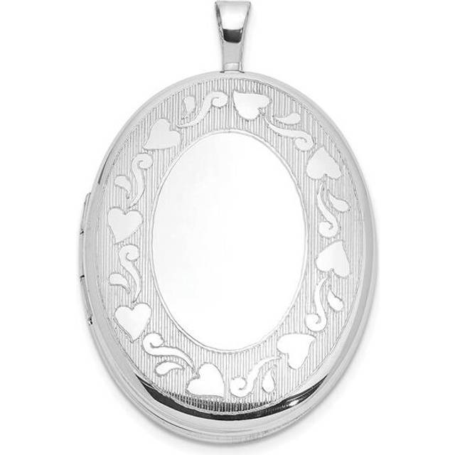 Sterling Silver Rhodium-Plated Heart Border 26 x 20 mm Oval Locket