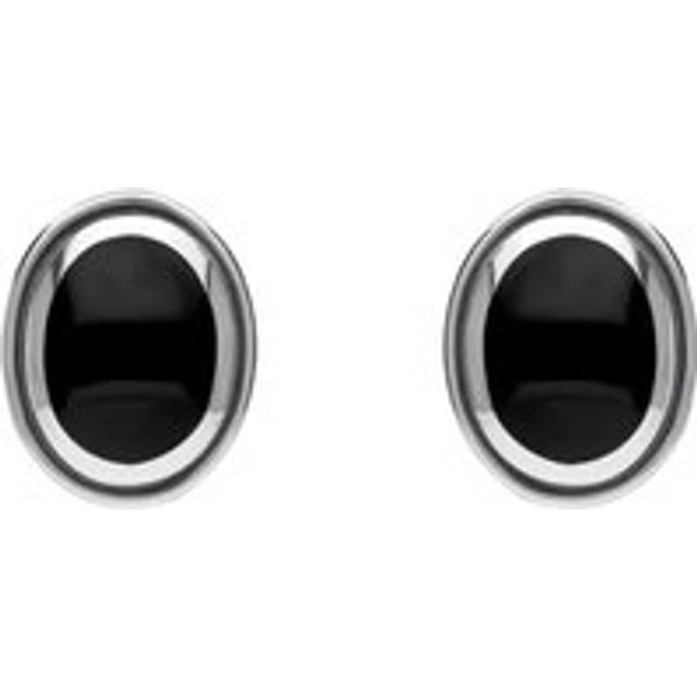 Sterling Silver Whitby Jet Oval Framed Edge Stud Earrings - Silver