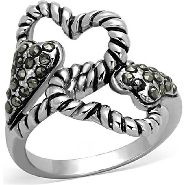 Rhodium Brass Ring with Synthetic Marcasite, Black Diamond - Size 7