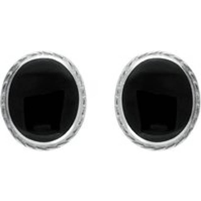 Sterling Silver Whitby Jet Rope Edge Oval Stud Earrings - Silver