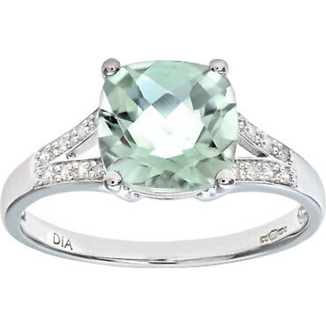 (P) Jewelco London 9ct White Gold Green Amethyst Ring With Diamond Shoulders