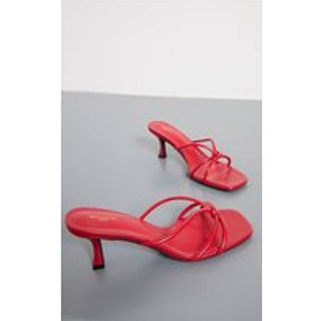 Red Pu Wide Fit Square Toe Knotted Heeled Mules, Red - 5