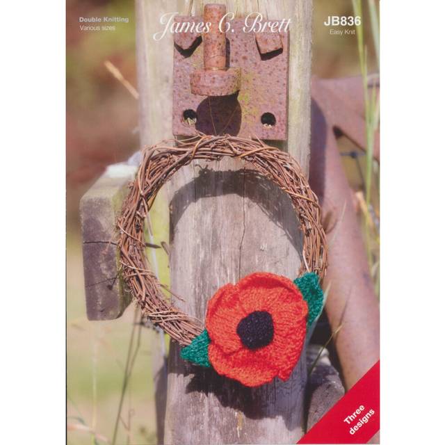 James Brett JB836 Knitting Pattern Poppy Brooch Neck Tie & Wreath