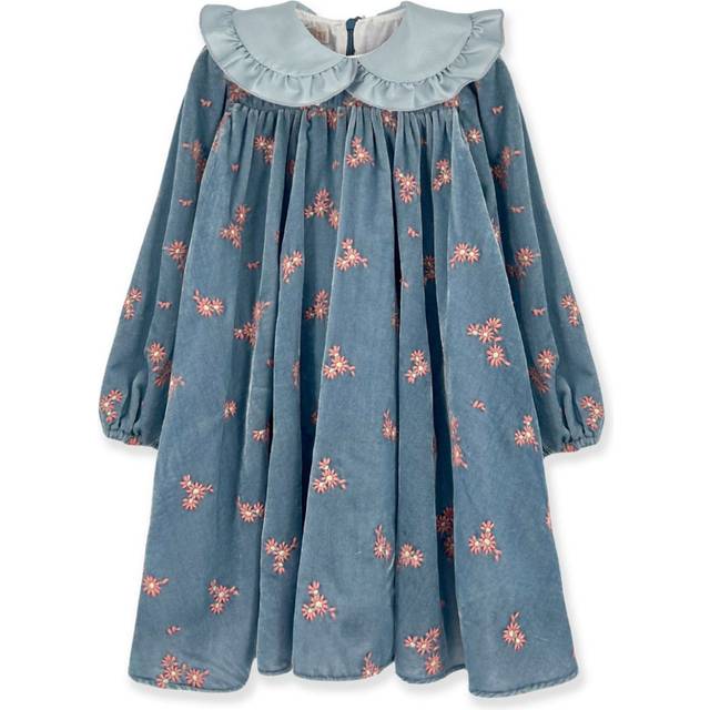La Stupenderia - floral embroidery velvet dress - kids - Nylon/Cotton/Rayon - 2 yrs - Blue