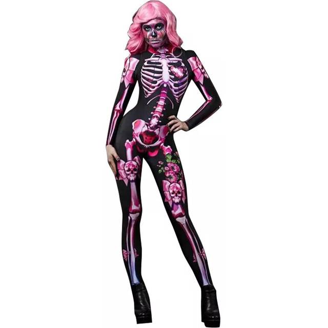 (Pink, Kids 150) Halloween Women Skeleton Bone Frame Jumpsuit Bodysuit Fancy Dead Cosplay Costume