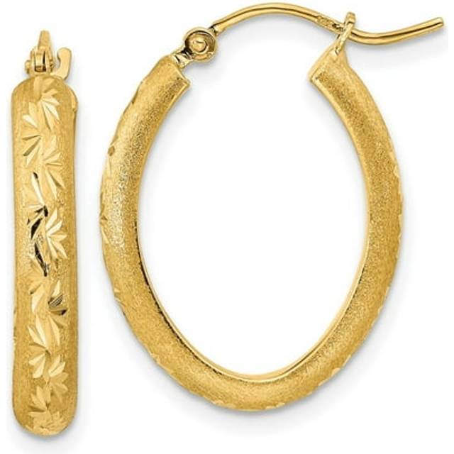 14K Yellow Gold Polished & Satin Diamond-Cut Oval Hoop Earrings