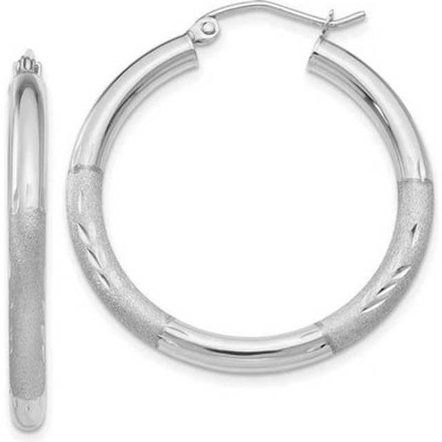 10K White Gold Satin & Diamond-Cut 3 mm Round Hoop Earrings