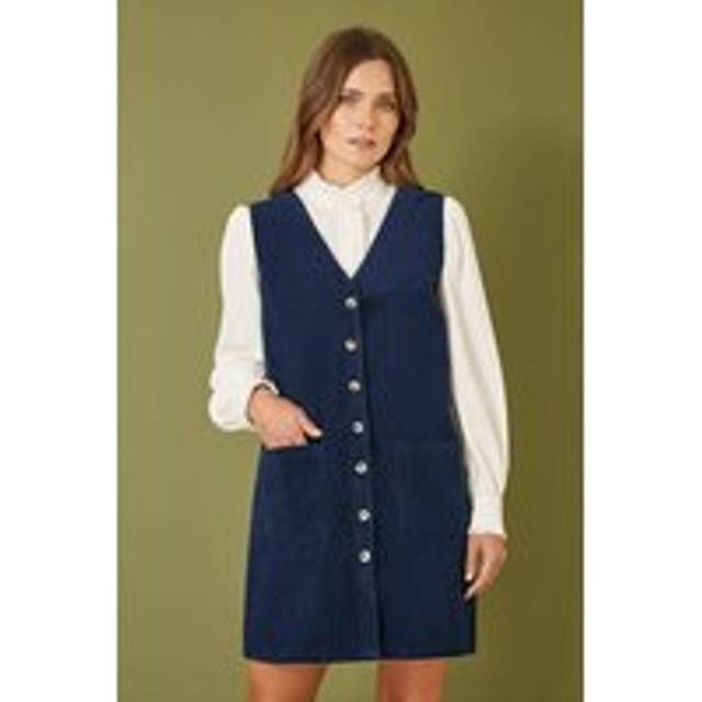 Yumi Womens Navy Cord Button Through Pinafore Dress With Pockets Cotton - Size 8 UK