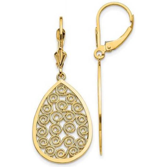 14K Yellow Gold Teardrop Filigree Dangle Leverback Earrings