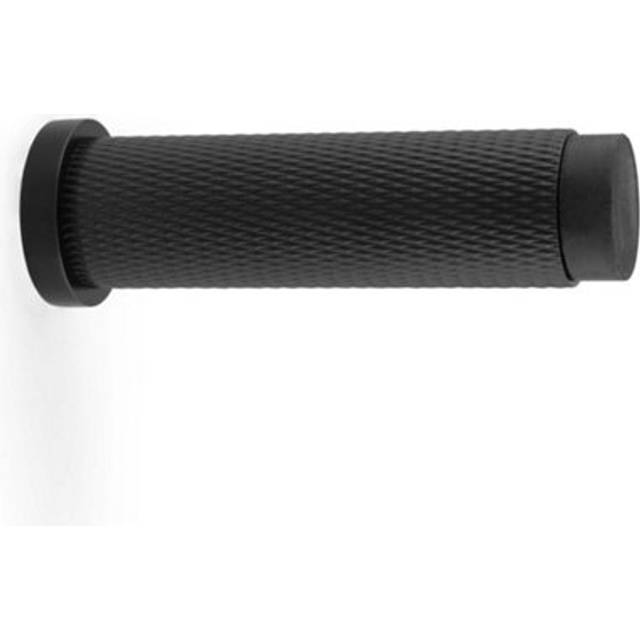 Rubber tip knurled wall mounted doorstop - matt black 75mm cylinder rose door