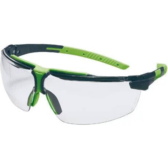 Uvex safety glasses, clear lens, half-frame, grey/lime frame, anti-fog/chemical