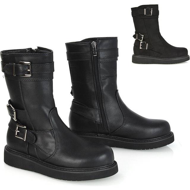 Womens mid calf boots ladies chunky cleated sole buckle zip up biker riding size