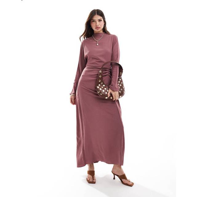 ASOS DESIGN – Vinröd, maxiklänning med rysch, långa ärmar och tvättad finish-rosa