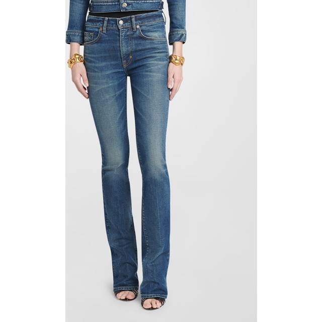 Mid-Rise Comfort Stone Washed Denim Flare Pants - MID BLUE - 29