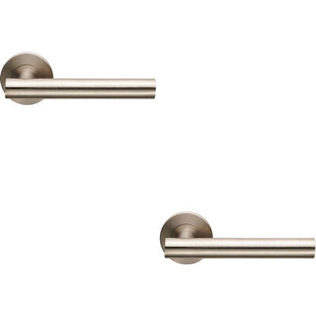2x PAIR Straight Round T Bar Lever on Slim Round Rose Concealed Fix Satin Steel