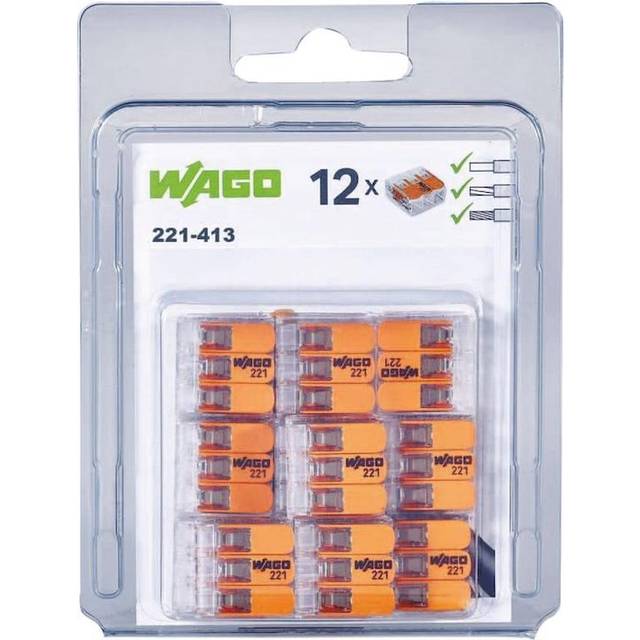 Wago 221-413 3-WAY Lever Cable Connector - 4mm² - Pack of 12 - Transparent With Orange Levers