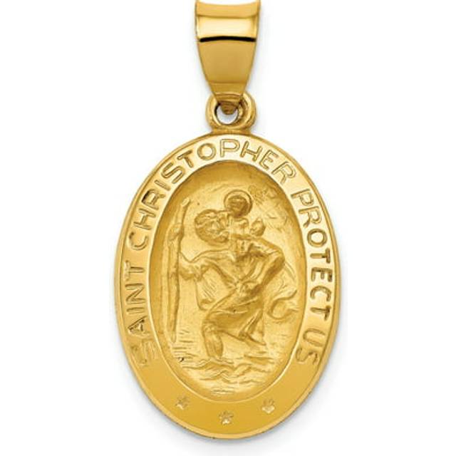 14K Yellow Gold Hollow Polished & Satin Miraculous Medal Pendant