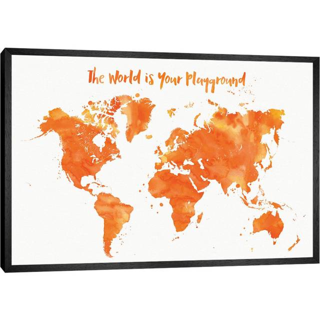 Orange Watercolor Nursery World Map by Blursbyai - Gallery-Wrapped Canvas Giclée - Black Framed (152.5 cm H x 101.5 cm W)
