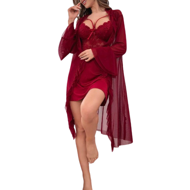 Kontrast Spets Volanger ärm Mesh Robe & Cami Dress PJ Set / Pyjamas Set - Bourgogne (L,M,S,XL)