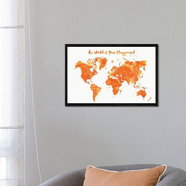 Orange Watercolor Nursery World Map by Blursbyai - Gallery-Wrapped Canvas Giclée - Black Framed (66.04 cm H x 45.72 cm W)