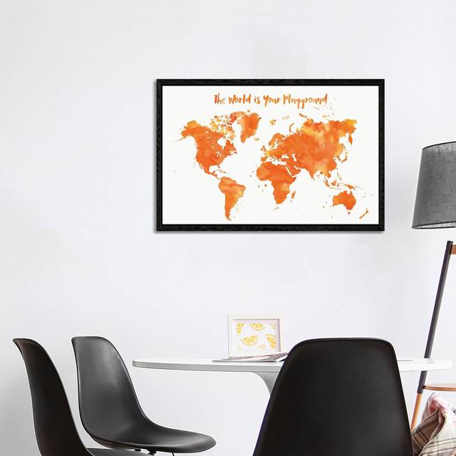 Orange Watercolor Nursery World Map by Blursbyai - Gallery-Wrapped Canvas Giclée - Black Framed (101.6 cm H x 66.04 cm W)